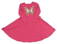 Tmavorůžové bavlněné šaty s motýlem z flitrů