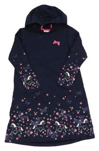 Tmavomodré teplákové šaty s koňmi a květy a kapucí Kids