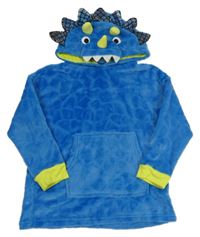 Modrá vzorovaná chlupatá oversize mikina s kapucí - dinosaurus