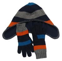 2set - Černo-šedo-barevná pruhovaná čepice + prstové rukavice