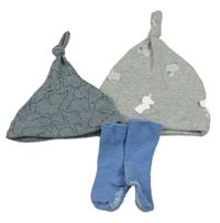 3set - Šedá melírovaná bavlněná čepice s ovcemi + se slony + modré ponožky