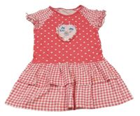 Jahodovo-biele bavlnené šaty so srdiečkami a kostkami Kids
