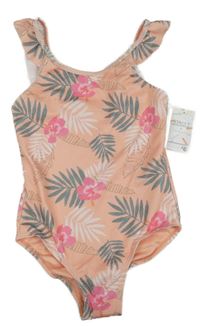 Nové - Růžové jednodílné plavky s listy s květy Primark