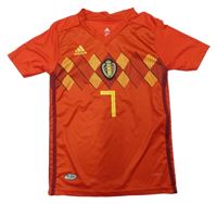 Červeno-žluté fotbalové tričko s nášivkou a vzorem Adidas