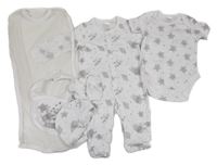Nové - 5set - Biely overal so slony + body + slinták + rukavičky + bavlnená čapica