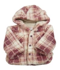 Starorůžovo-bílý kostkovaný chlupatý kabátek s kapucňou