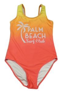 Korálovo-oranžové jednodílné plavky s nápisem 