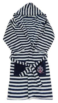 Tmavomodro-bílý pruhovaný chlupatý župan s kapucí 