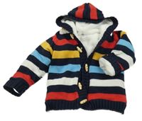 Tmavomodro-barevný pruhovaný zateplený propínací svetr s kapucí 