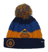 Tmavomodro-oranžová pletená čepice s HejHafí! a bambulí Nutmeg