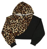 Čierno-hnedá crop mikina s leopardím vzorom a kapucňou Shein