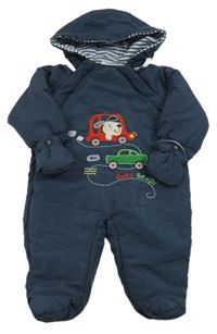 Tmavomodrá šusťáková zimní kombinéza s auty a kapucí 