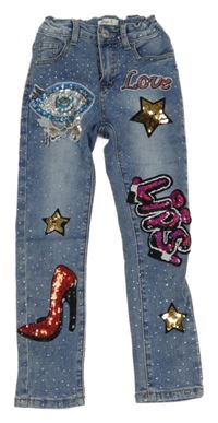 Světlemodré skinny rifle s kamínky a nášivkami 