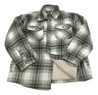 Bílo-šedo-tmavomodrá kostkovaná vlněná zateplená košilová bunda Next