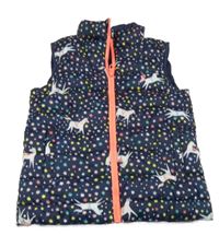 Tmavomodrá šušťáková zateplená vesta s hviezdami a jednorožcami Joules