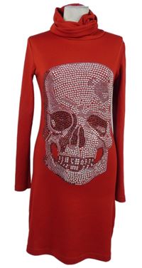 Dámské červené úpletové šaty s lebkou a rolákem 