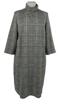 Dámske čierno-bielo-béžové kockované šaty s komínovým golierom Gallery