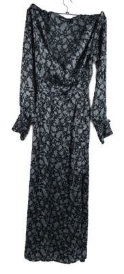 Dámské černo-šedé květované saténové midi šaty Fresh Lions 