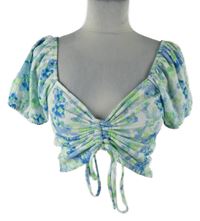 Dámska modro-limetková kvietkovana crop blúzka so stahováním Primark