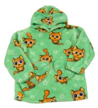 Zelená chlpatá oversize mikina s mačkami a kapucňou