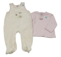 Nové - 2 set - bielo-ružové pruhované dupačky + ružové rebrované tričko