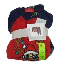 Nové - červeno-tmavomodré plyšové vianočné pyžama so sobom a darčekmi PRIMARK