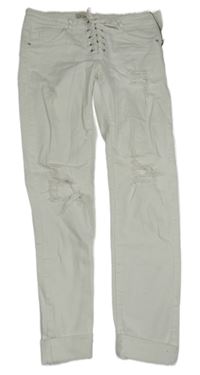 Biele skinny rifle s vyšúchaním a šnurovaním