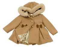 Světlehnědý flaušový podšitý kabát s mašlemi a kapucí s kožešinou Monsoon