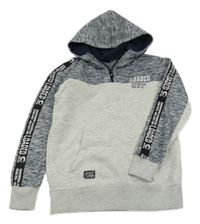 Tmavomodro-melírovano-šedá mikina s nápisem a kapucí Chapter young