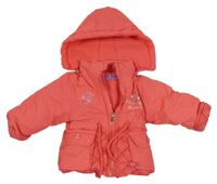 Korálová šusťáková zateplená bunda s motýlem a kapucí 