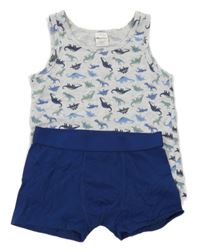 2set -  tmavomodré boxerky + šedý nátělník s dinosaury 