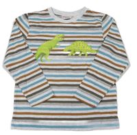 Sivo-hnedo-modré pruhované tričko s dinosaurami
