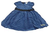 Tmavomodré puntíkované sametové šaty s mašlí Disney 