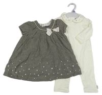 Nové - 2set - Šedé plátěné šaty s kytičkami + bílý overal Sergent Major