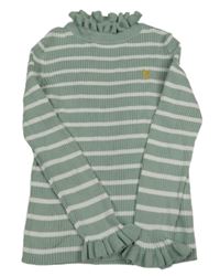 Olivovo-biely pruhovaný rebrovaný sveter so zlatým srdiečkom a volánikmi PRIMARK