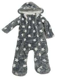 Sivá plyšová zateplená kombinéza s bielými hviezdičkami a kapucňou F&F