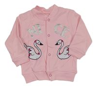 Světlerůžová propínací mikina s labutěmi a nápisem 