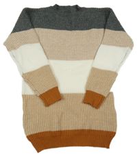 Tmavošedo-béžovo-bílo-světlehnědo-medová melírovaná žebrovaná pletená šatová tunika SHEIN