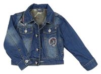 Modrá rifľová bunda s nášivkami a golierikom