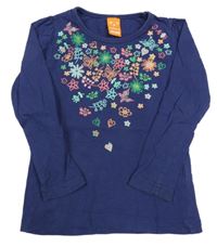 Tmavomodré triko s květy a motýlky a větvičkami PUSBLU