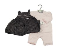 Nové - 2Set - Světlerůžová zateplená kombinéza s volánky + tmavohnědé balonové šaty s hvězdičkami St. Bernard