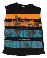 Čierno-kriklavoě oranžovo-modrozelené tielko s palmami a nápismi Chapter young