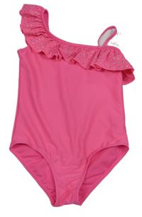 Nové - křiklavě růžové jednodílné asymetrické plavky s volánkem s flitry Nutmeg