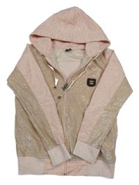 Zlato-svetloružová melírovaná prepínaci mikina s nášivkou a kapucňou