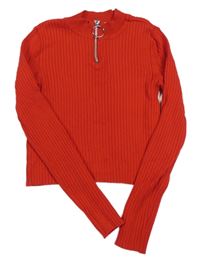 Červený rebrovaný crop sveter so zipsom H&M