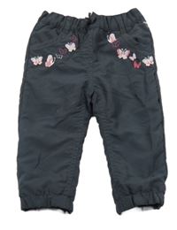 Antracitové šusťákové zateplené kalhoty s motýly Topomini