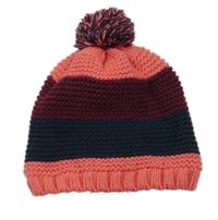 Lososovo-vínovo-černá pletená čepice s bambulí