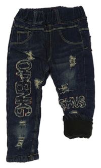 Tmavomodré zateplené skinny rifle s nápismi a vyšúchaním