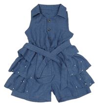 Modrý melírovaný kraťasový overal s perlami a opaskom