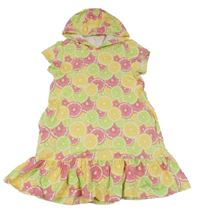 Žlto-ružovo-zelené teplákové šaty s citrónmi a kapucňou